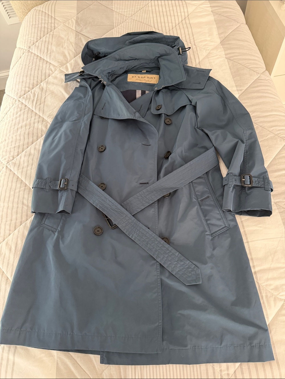Burberry Slate Blue Double-Breasted Trench Coat with Belt